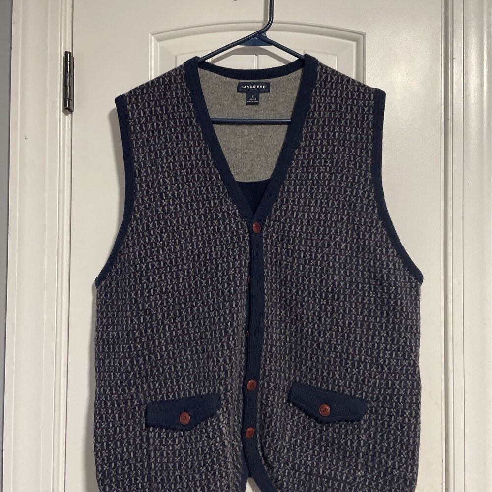 Lands' End Mens 100% Pure Lambswool Sweater Vest Blue Gray/Burgundy‎ Print Sz L